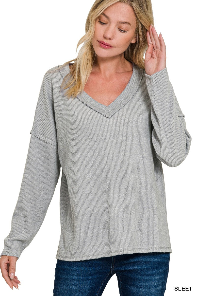 RIBBED V-NECK DROP SHOULDER TOP