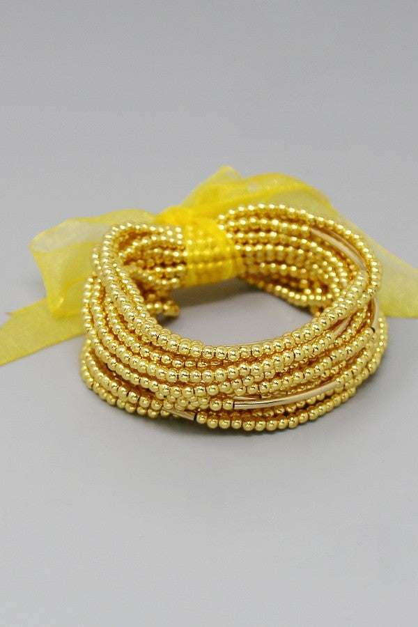 Gold Metal Beaded Stackable Elastic Bracelet Set