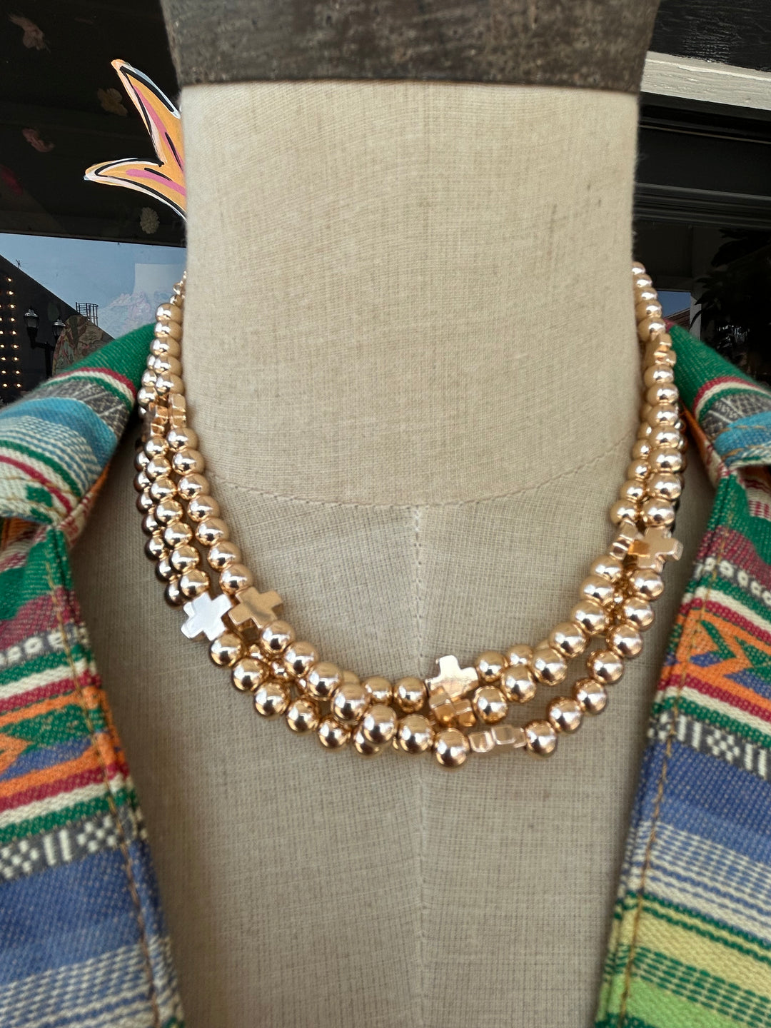Layered Gold Bead and Cross Necklace