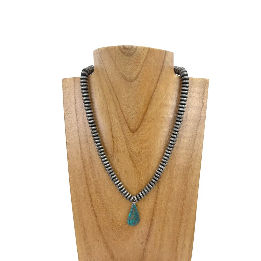 16 Inches Silver Roundel Faux Pearl Beads with Dark Blue Turquoise Stone Teardrop Necklace