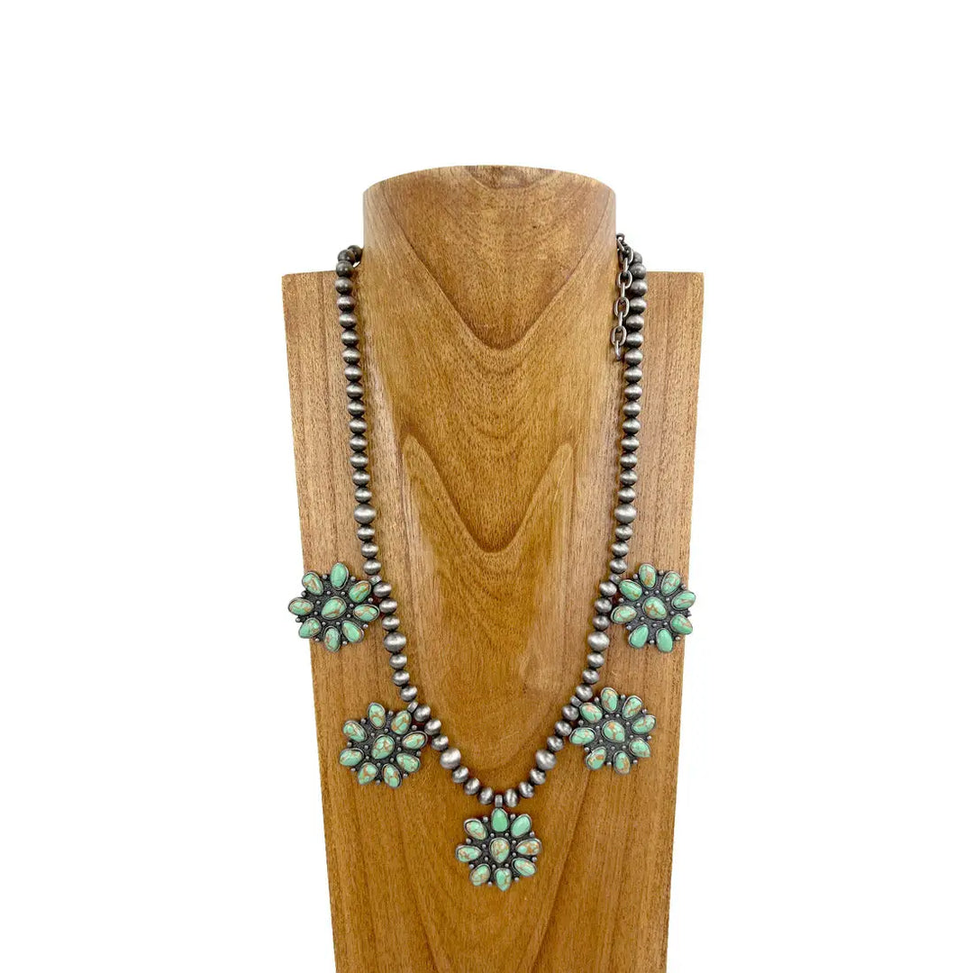 Western Pearl Bead with Green Stone Concho Necklace