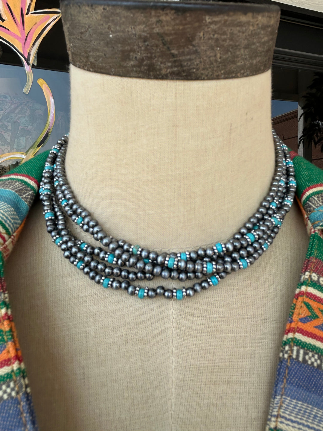 Layered Western Pearl and Turquoise Bead Necklace