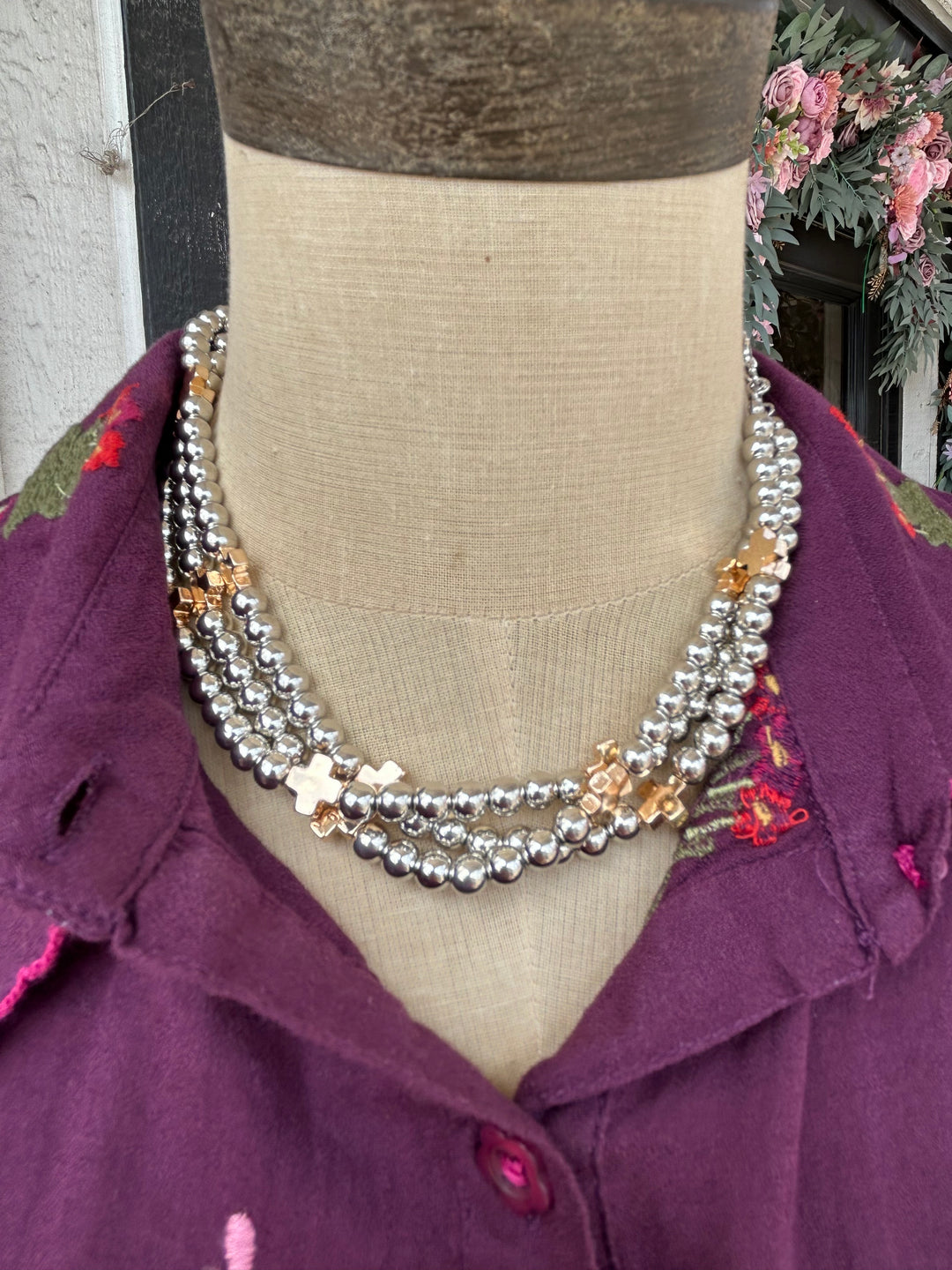 Mixed Metal Bead and Cross Layered Necklace