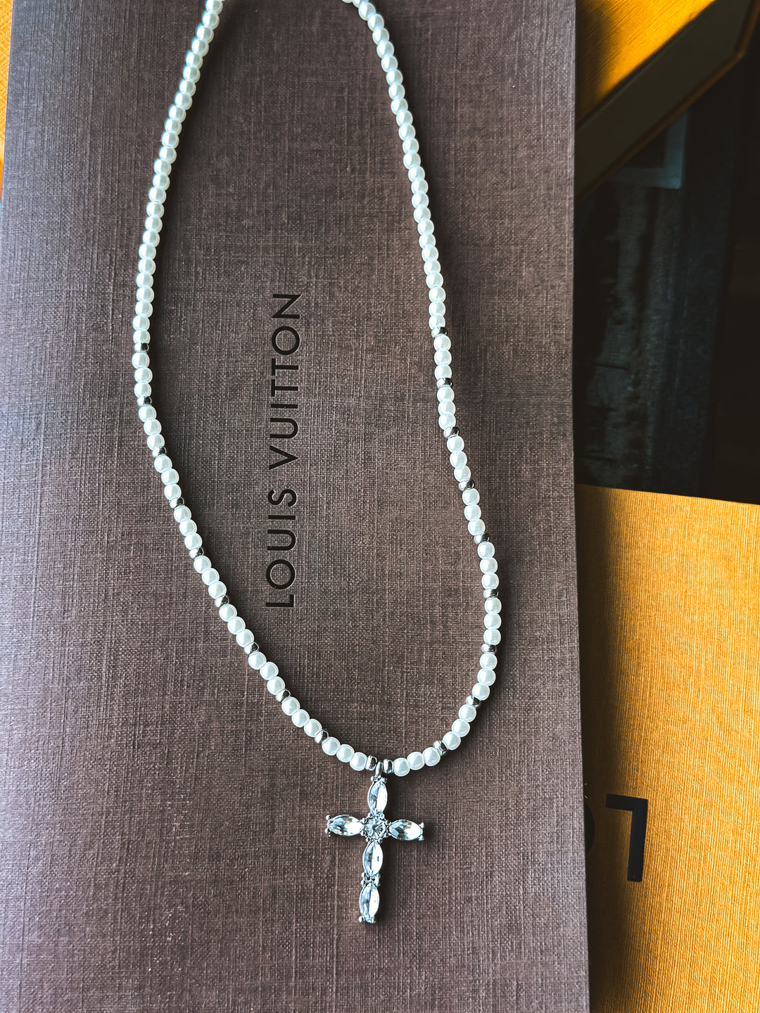 Rhinestone Cross and Pearl Necklace