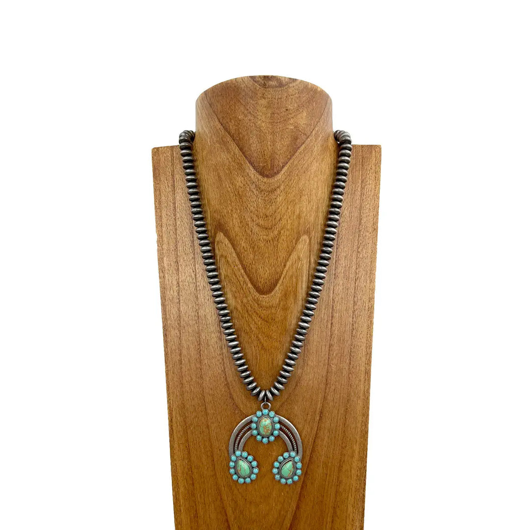 Western Pearl Beads with Blue Turquoise and Green Stone Squash Blossom Necklace