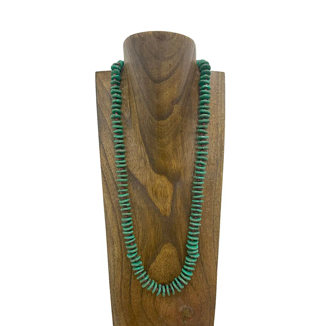 28 Inches Flat Green Turquoise Stone Chips with Brown Sequin Beads Necklace