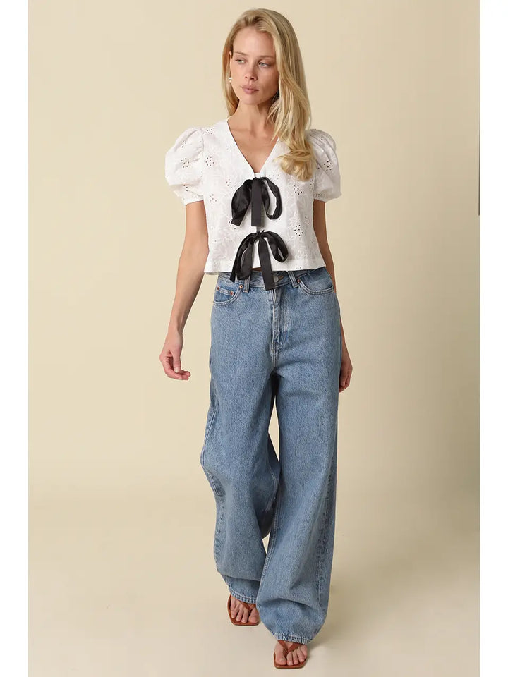 Colette Eyelet Contrast Tie-Front Top