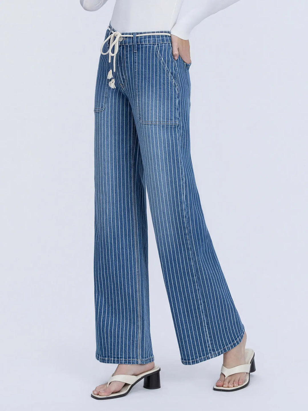 High Rise Elastic Drawcord Stripe Wide Jeans