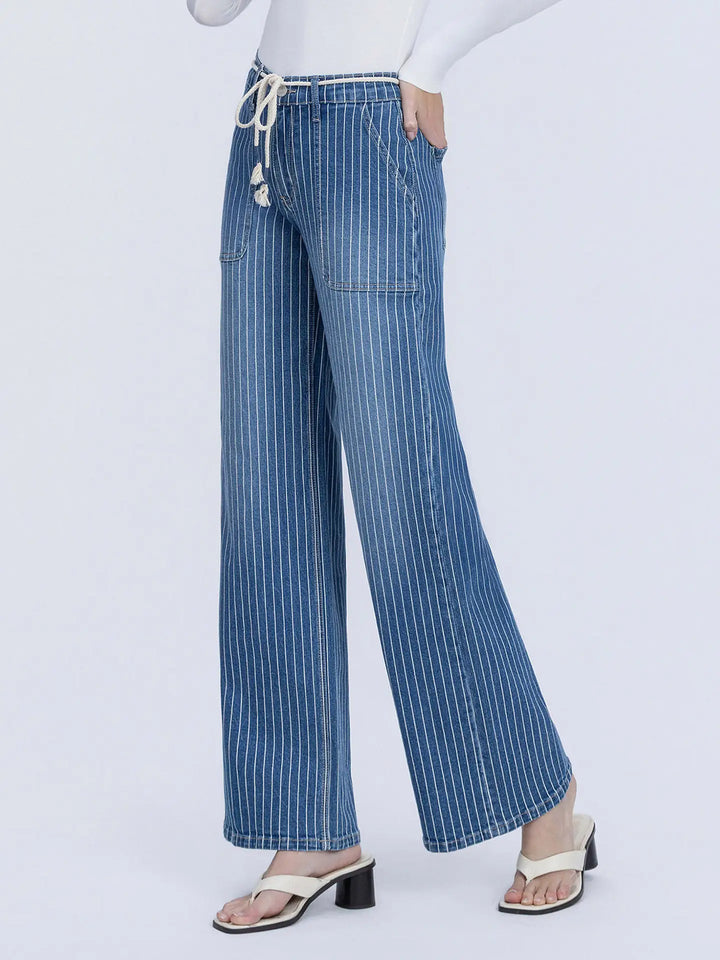 High Rise Elastic Drawcord Stripe Wide Jeans