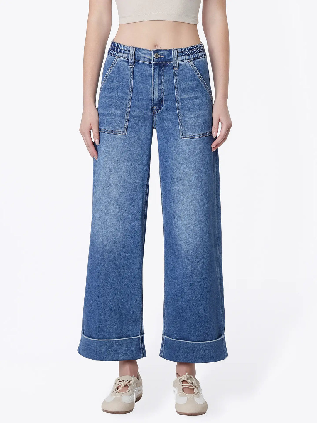 High Rise Double Cuffed Baggy Wide Jeans