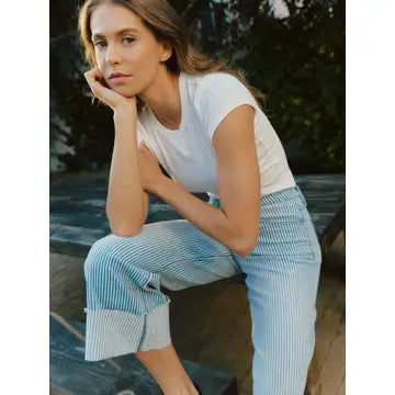 High Rise Cuffed Striped Crop Wide Jeans