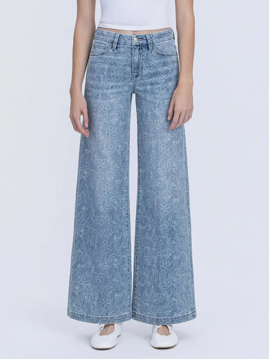 High Rise Medium Light Floral Print Wide Leg Jeans