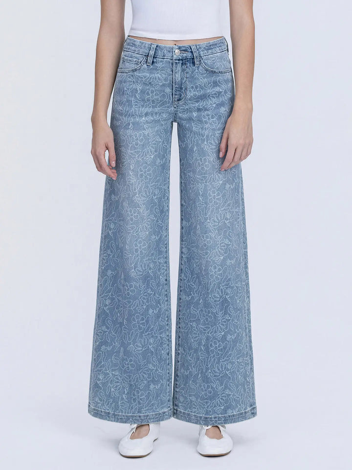 High Rise Medium Light Floral Print Wide Leg Jeans