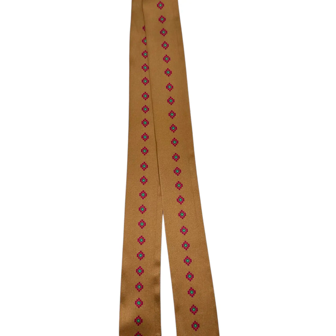 Tan Silk Twilly Scarf with Purple, Teal, Orange, and Yellow