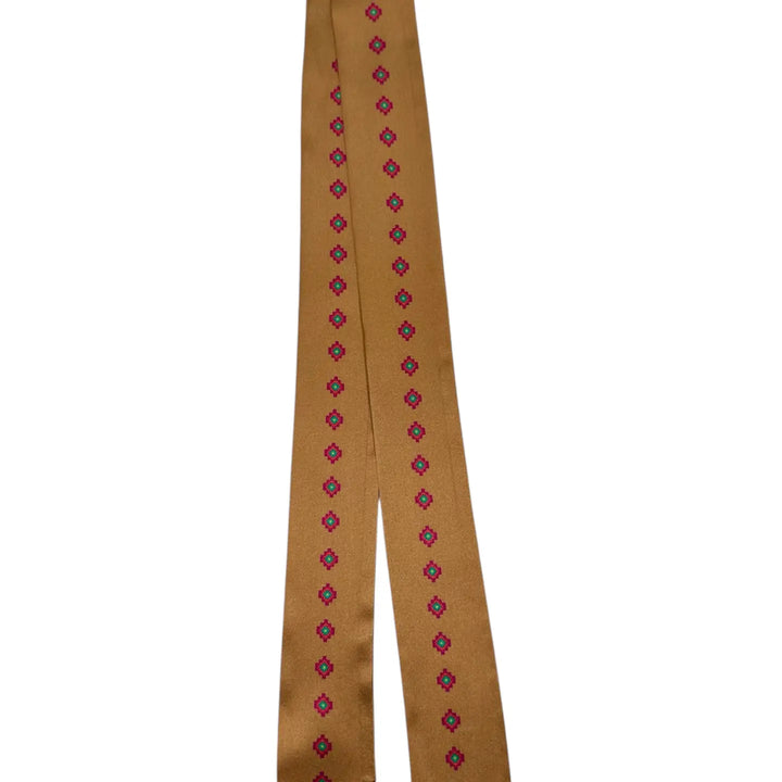 Tan Silk Twilly Scarf with Purple, Teal, Orange, and Yellow