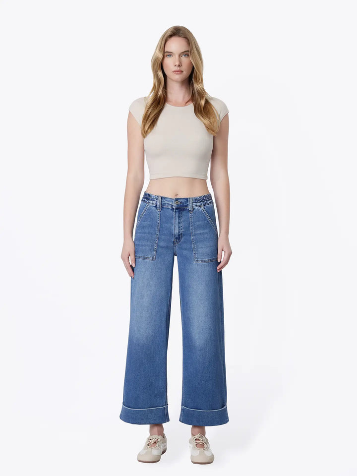 High Rise Double Cuffed Baggy Wide Jeans