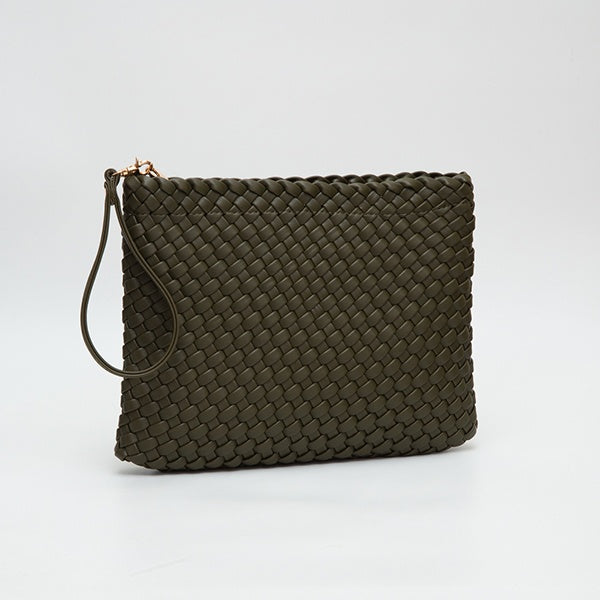 Leatherette Woven olive green clutch bag