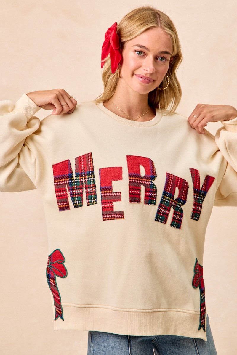Christmas Plaid Merry Side Bow Patches Sweatshirt