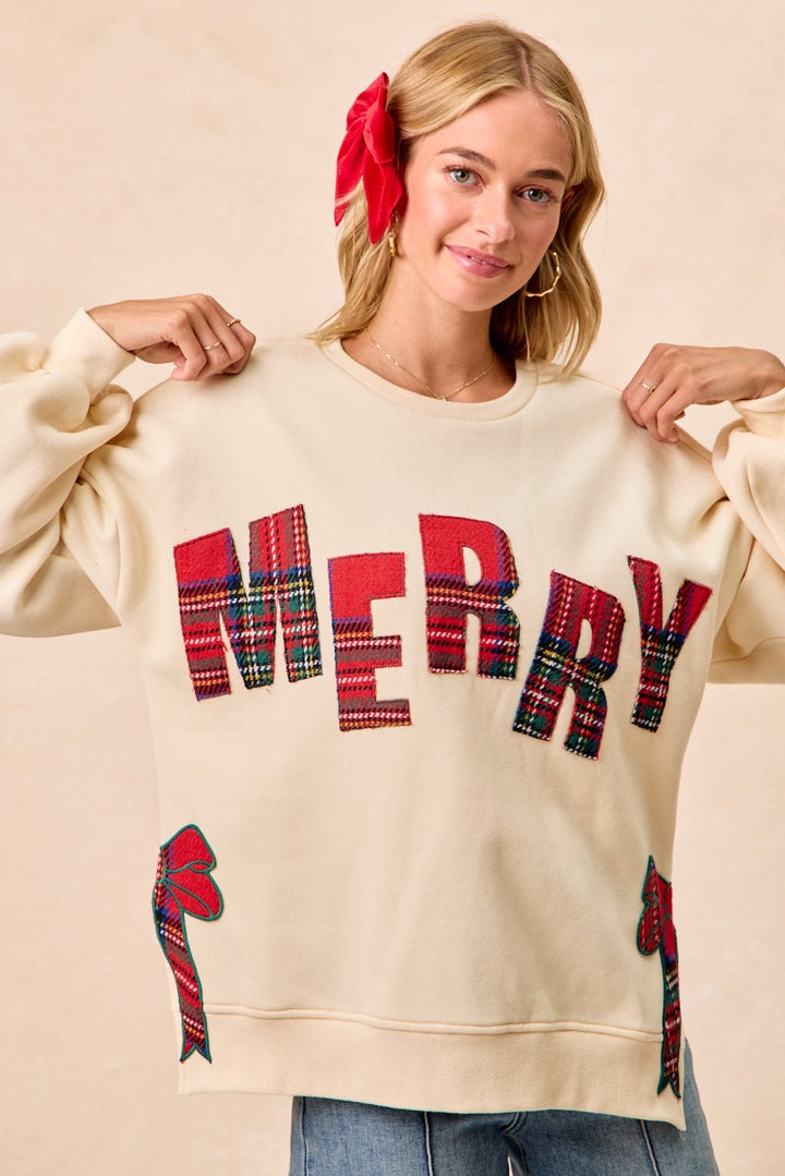 Christmas Plaid Merry Side Bow Patches Sweatshirt