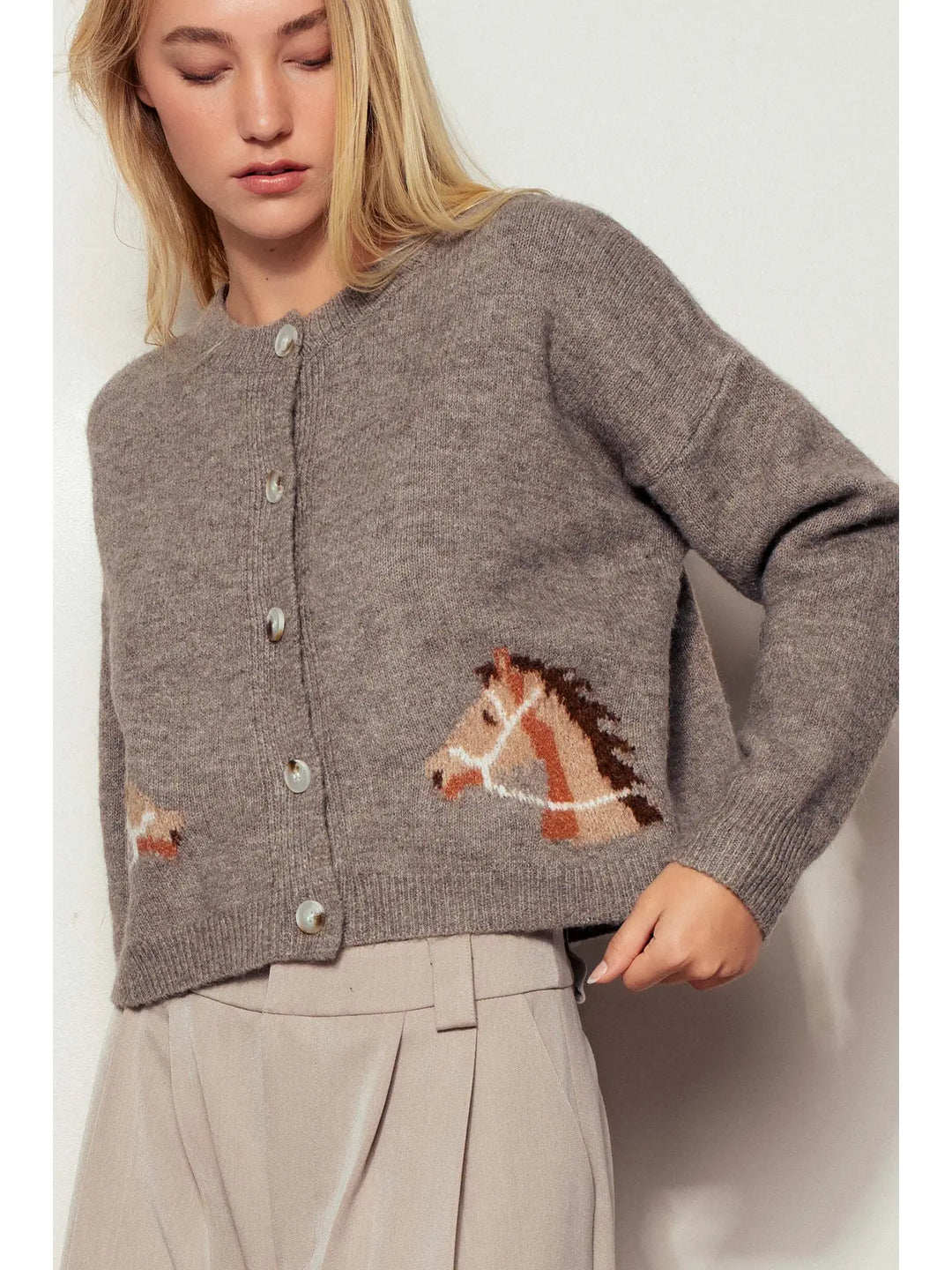 Western Horse Graphic Ribbed Trim Crew Neck Cardigan