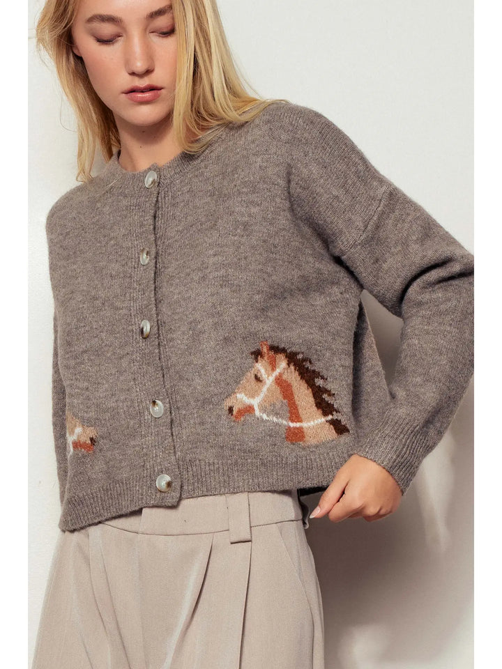 Western Horse Graphic Ribbed Trim Crew Neck Cardigan