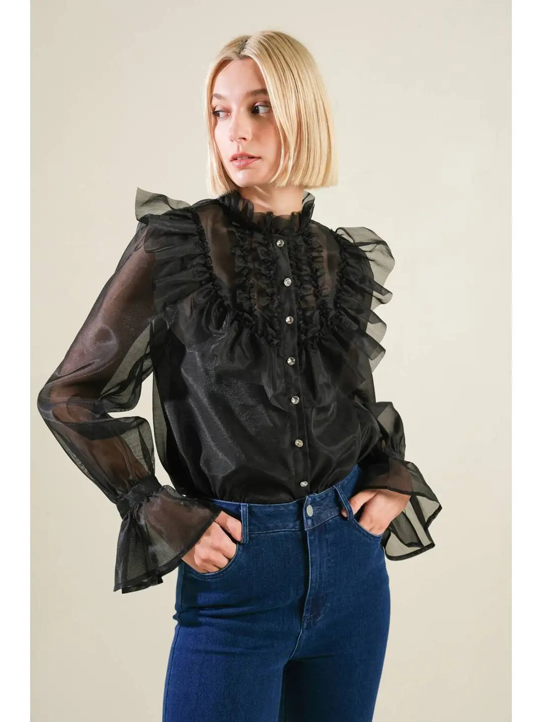 Jewel Button Ruffle Top