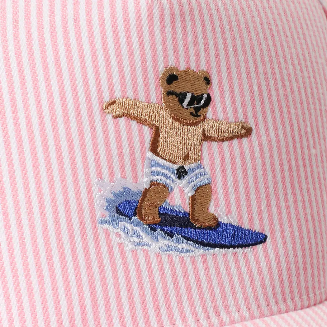 Surfing Bear Embroidered Seersucker Stripe Trucker Hat