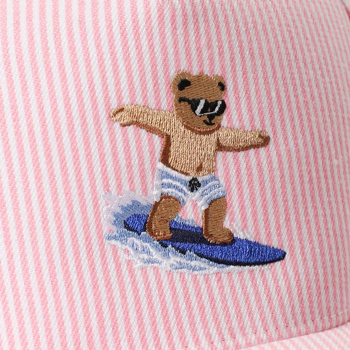 Surfing Bear Embroidered Seersucker Stripe Trucker Hat