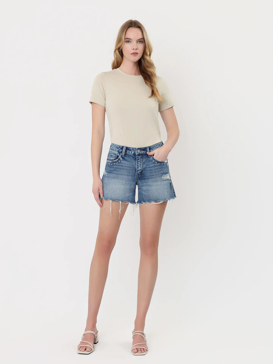 Mid Rise Studded Front Pocket A Line Shorts