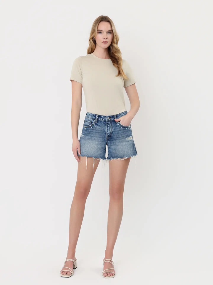 Mid Rise Studded Front Pocket A Line Shorts