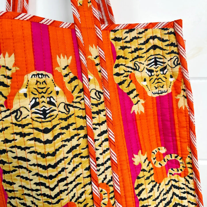 Tiger Print Oversized Quilted Tote Bag with Orange and Pink Stripes