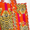 Tiger Print Oversized Quilted Tote Bag with Orange and Pink Stripes