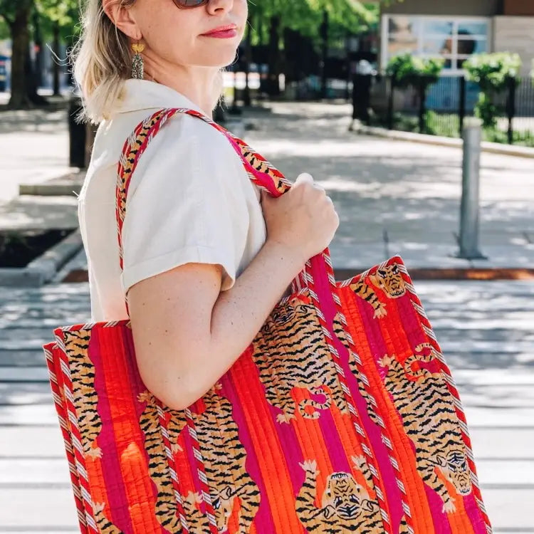 Tiger Print Oversized Quilted Tote Bag with Orange and Pink Stripes