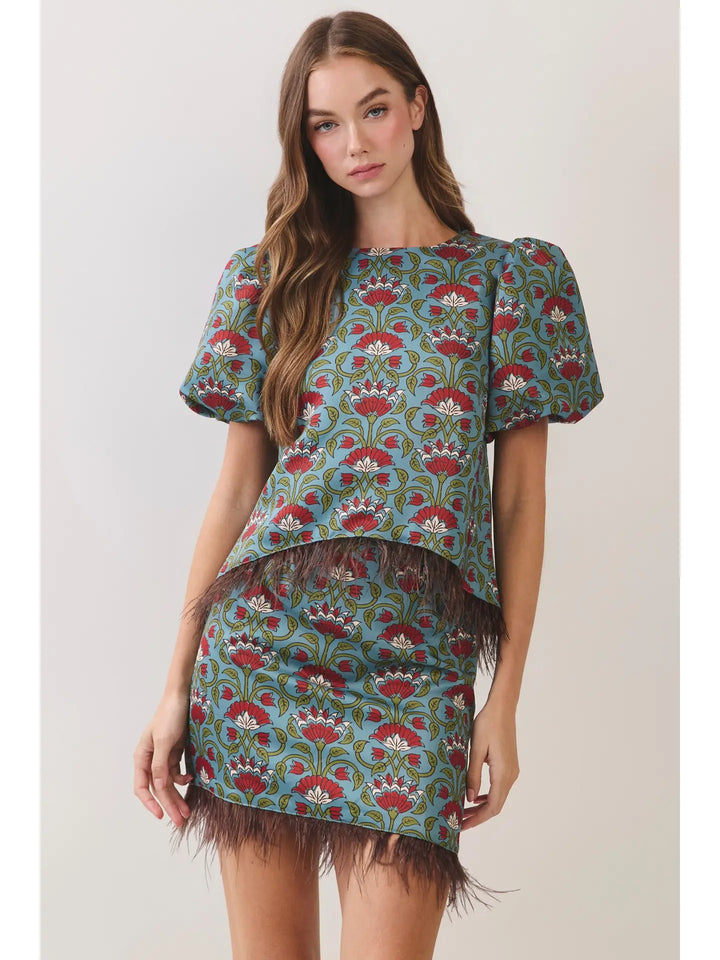 Floral Print Feather Trim Top