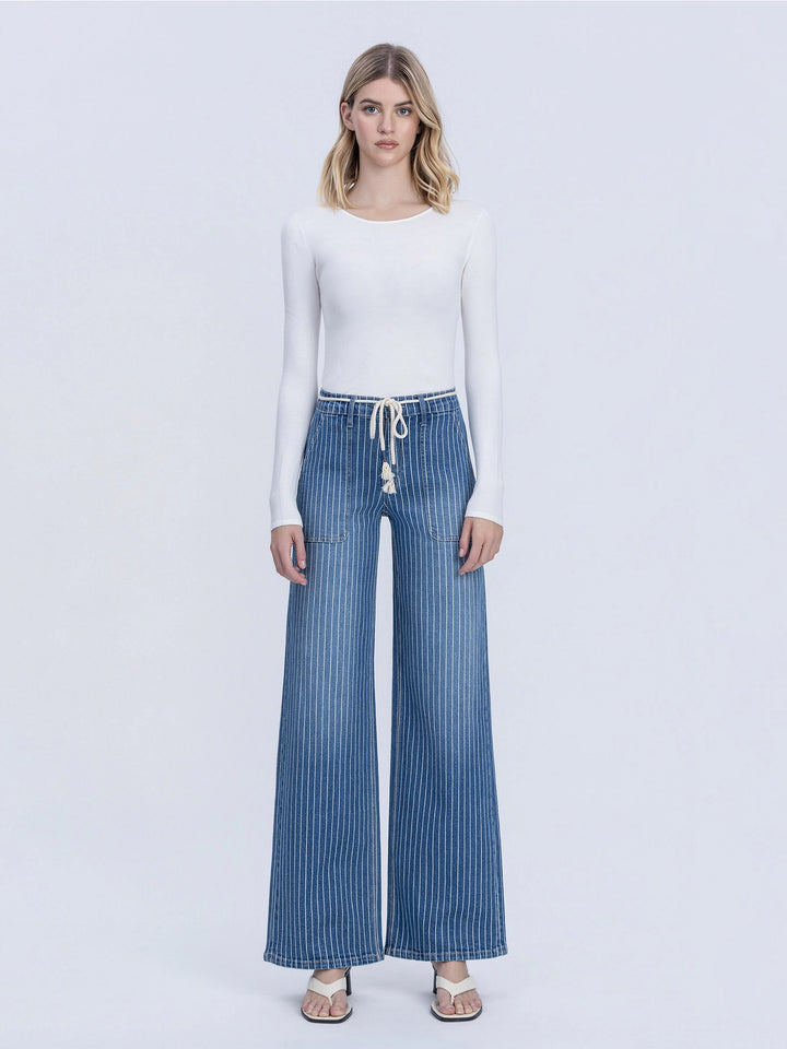High Rise Elastic Drawcord Stripe Wide Jeans
