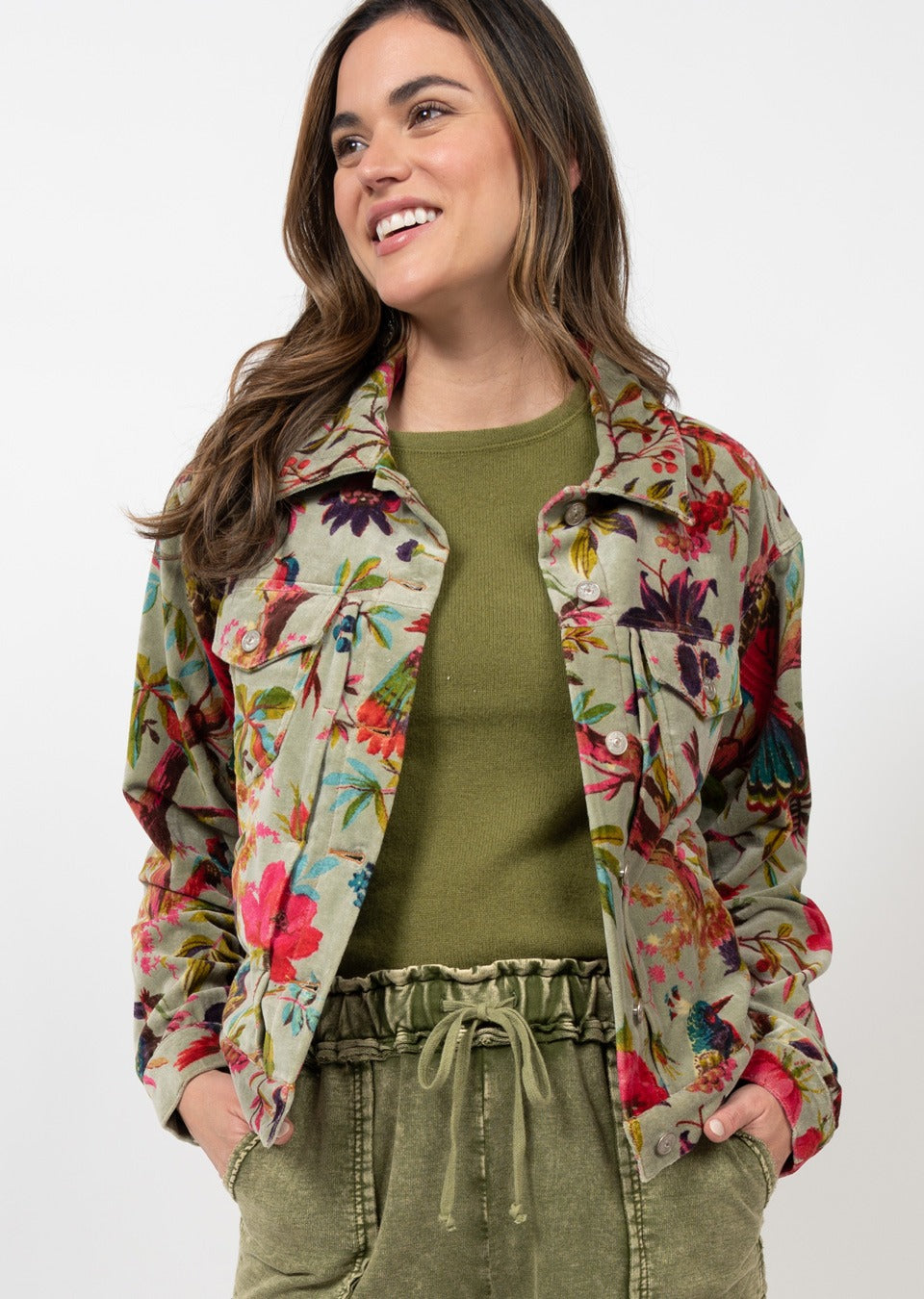 Bird Print Velveteen Jacket by Ivy Jane