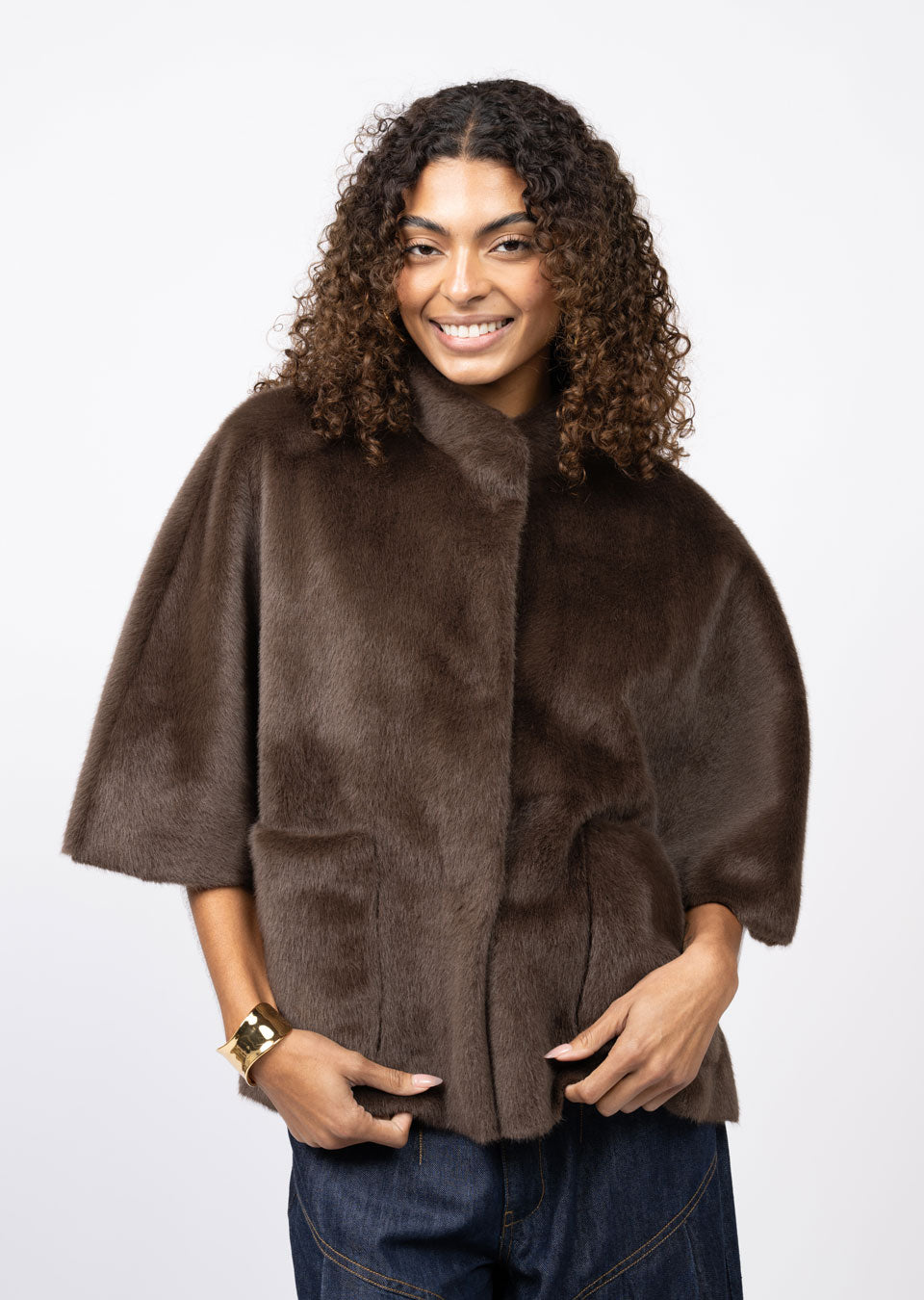 Chocolate Faux Capelet Jacket-Ivy Jane