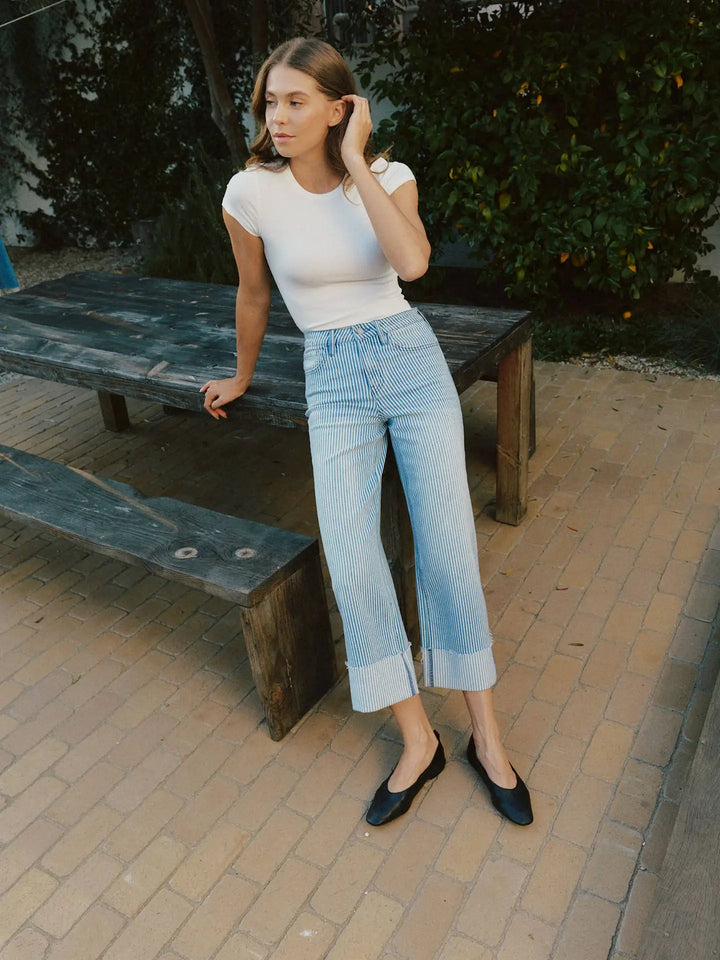High Rise Cuffed Striped Crop Wide Jeans
