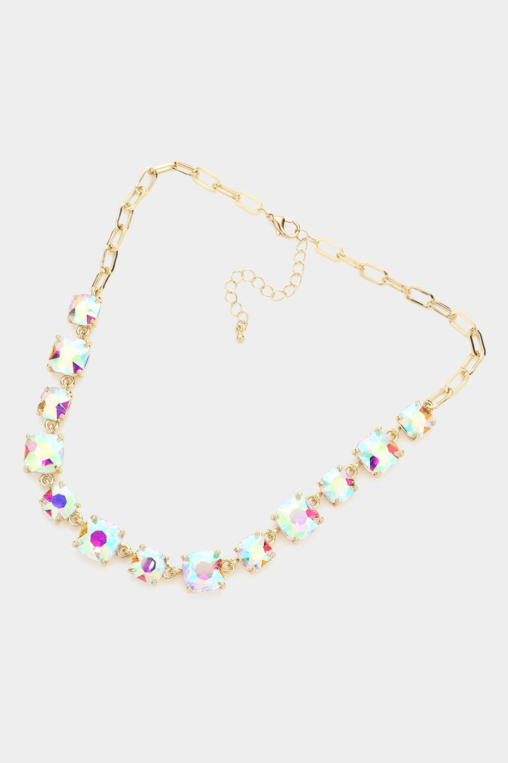 Cushion Square Stone Link Necklace-Iridescent