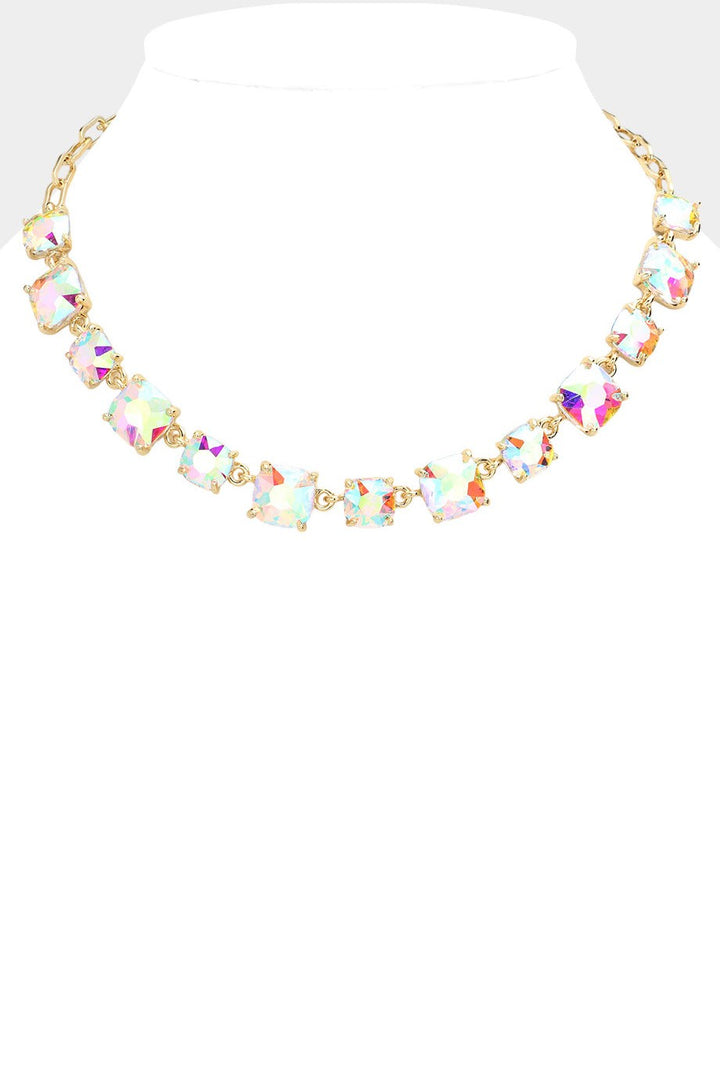 Cushion Square Stone Link Necklace-Iridescent