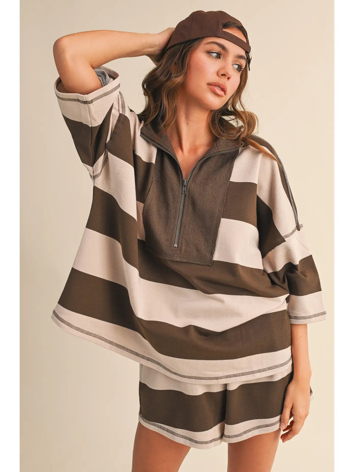 Striped Zip Up Oversized Top and Shorts Set