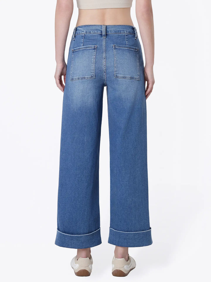 High Rise Double Cuffed Baggy Wide Jeans