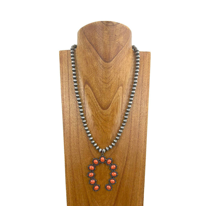 23'' Silver pearl beads with orange stone horse shoe pendent Necklace