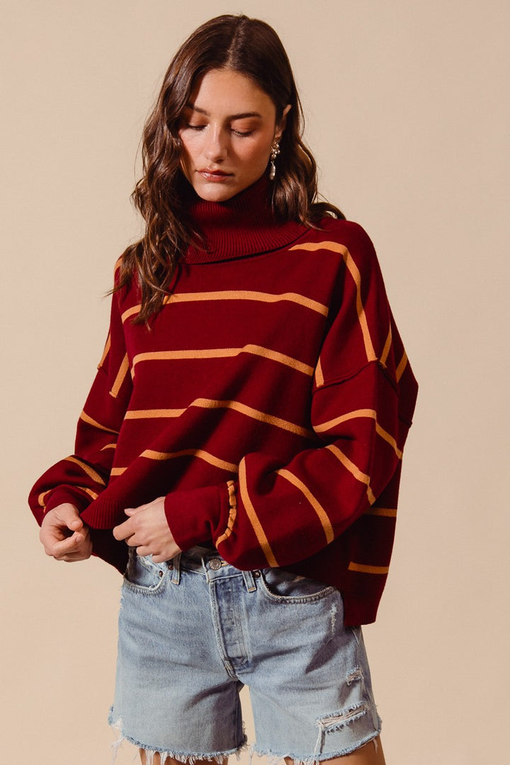 Loose Fit Stripe Turtle Neck Sweater Top