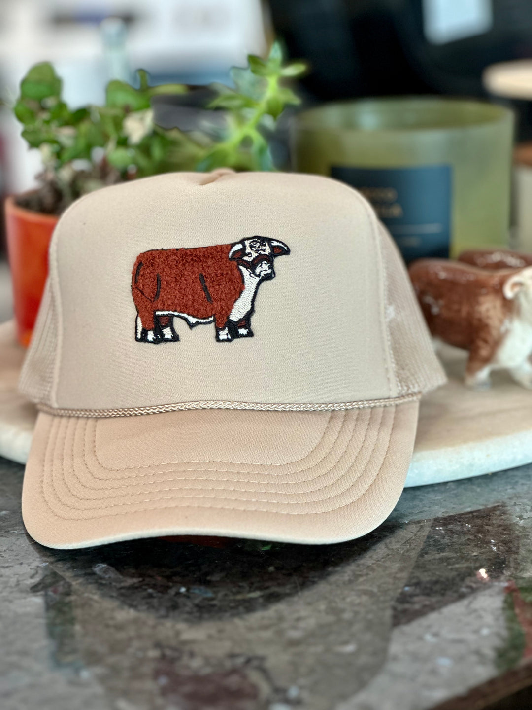 Miller Cattle Co. Hereford Patch Trucker Hat- Tan