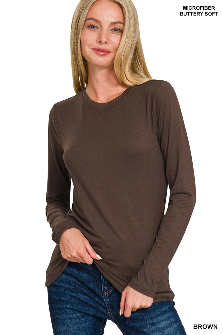 BRUSHED MICROFIBER LONG SLEEVE ROUND NECK TEE