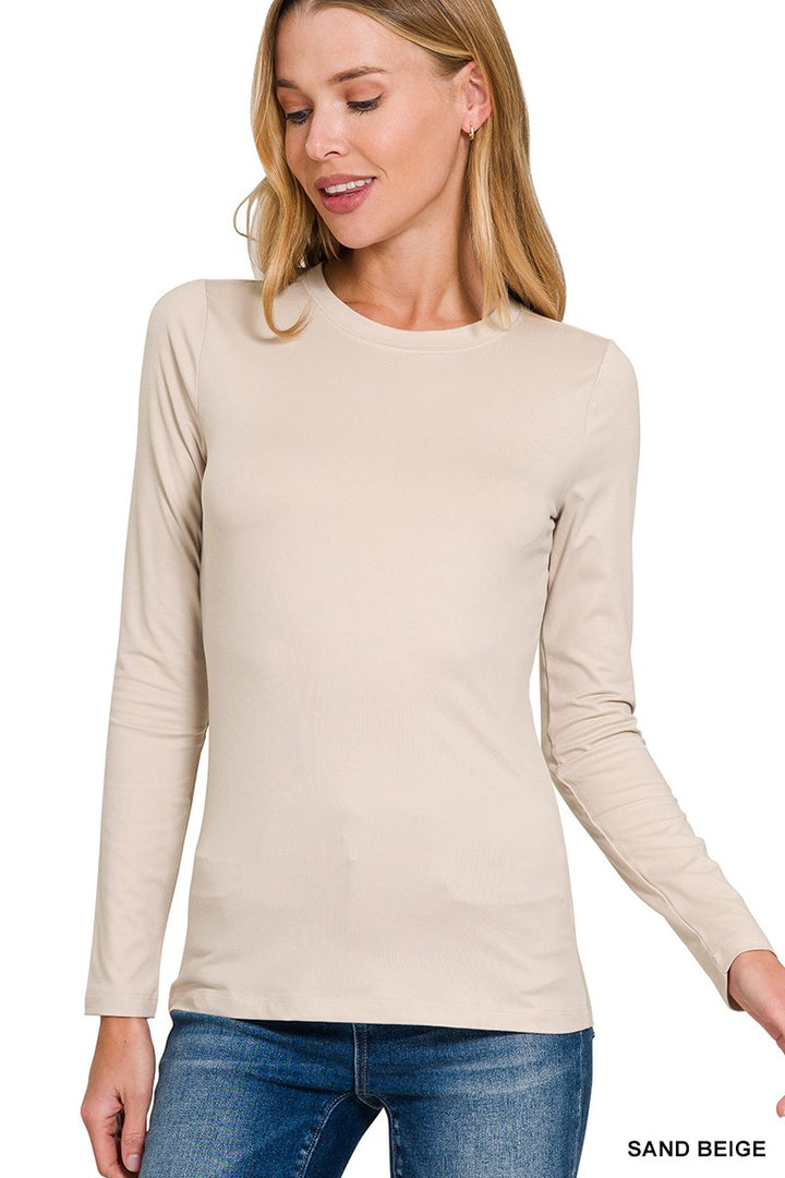 BRUSHED MICROFIBER LONG SLEEVE ROUND NECK TEE