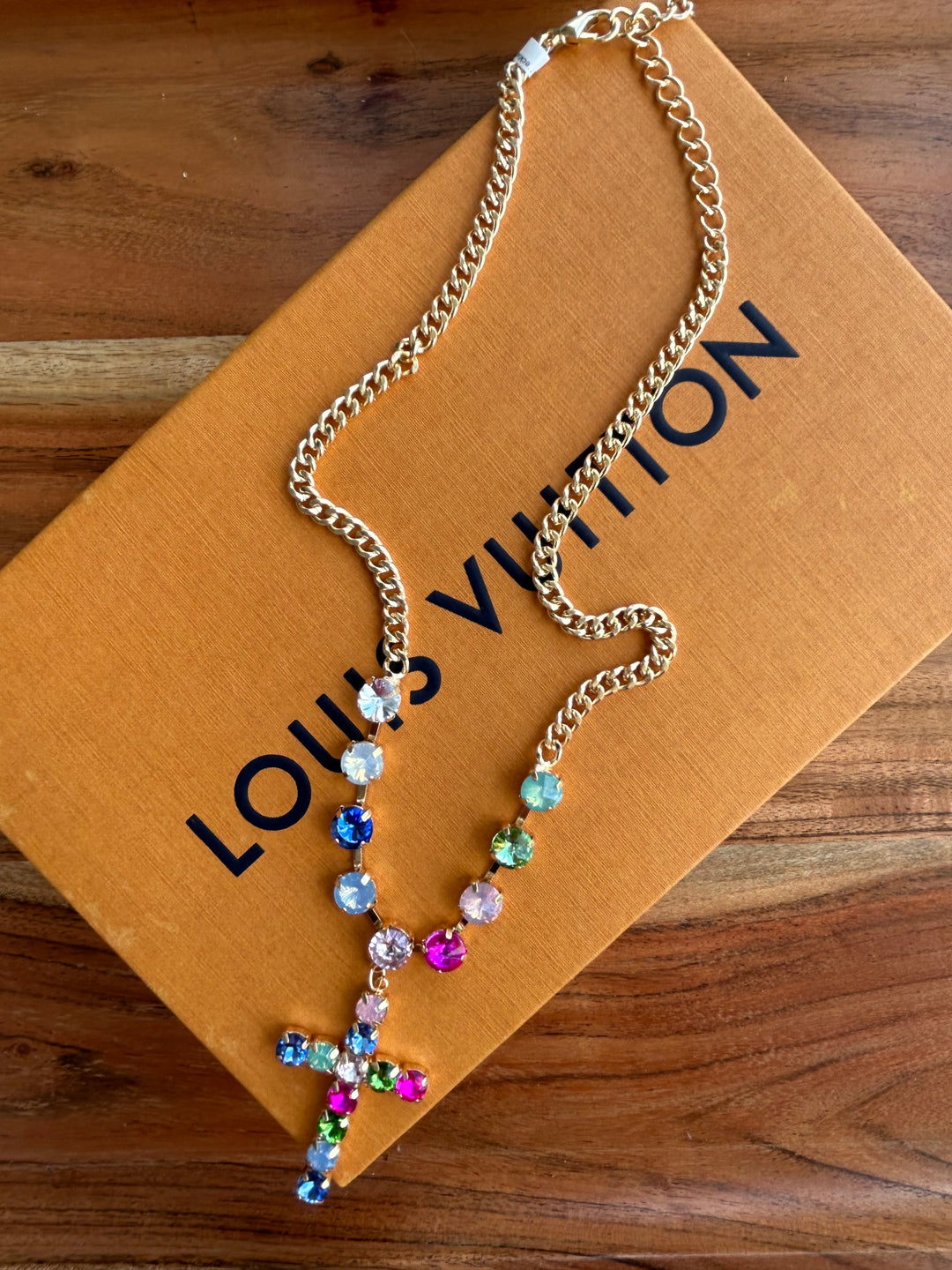Multi Colored Rhinestone Cross Necklace