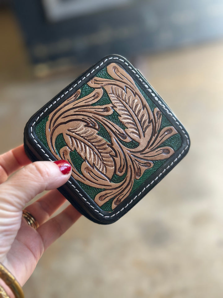 Jade Tooled Leather Jewelry Box