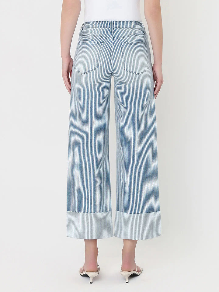 High Rise Cuffed Striped Crop Wide Jeans